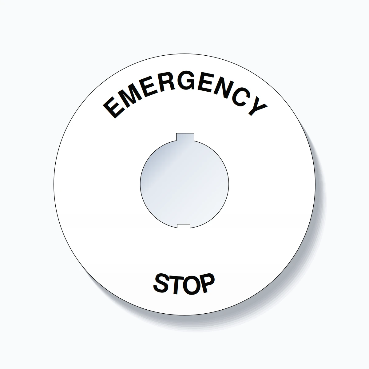 30mm Ring Tag – EMERGENCY STOP, Single-Line 90mm Round, Schneider Electric Compatible, Black on White
