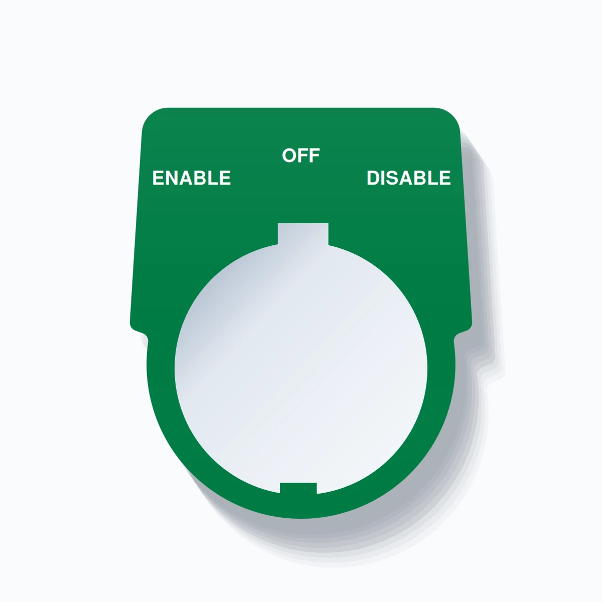 30mm Ring Tag – ENABLE OFF DISABLE, Three-Line Harmony 9001K, Schneider Electric Compatible, White on Green
