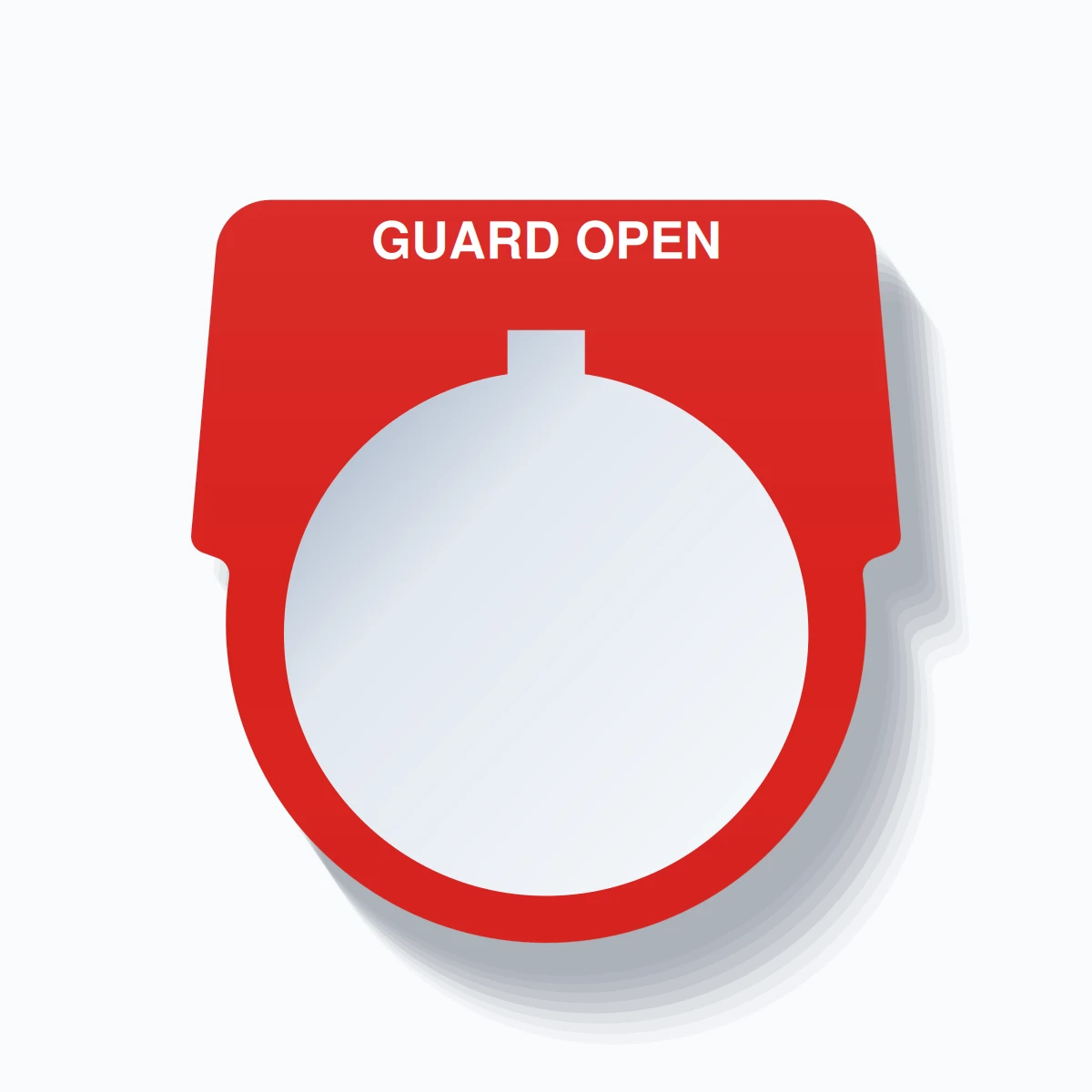 30mm Ring Tag – GUARD OPEN, Single-Line Harmony 9001K, Allen-Bradley Compatible, White on Red
