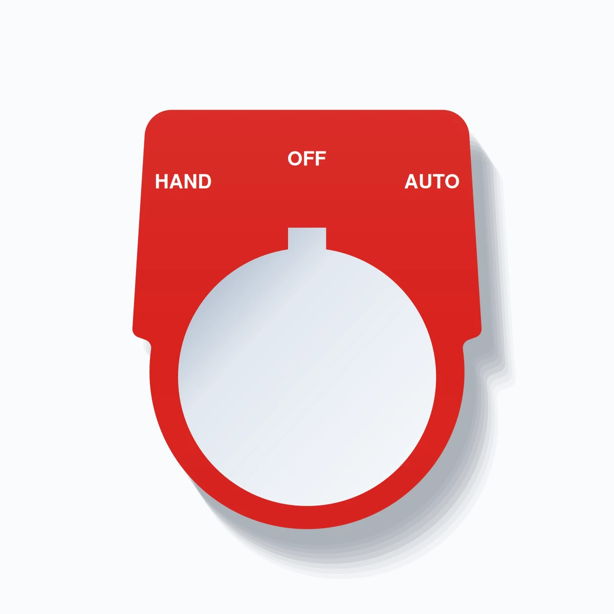 30mm Ring Tag – HAND OFF AUTO, Three-Line Harmony 9001K, Allen-Bradley Compatible, White on Red