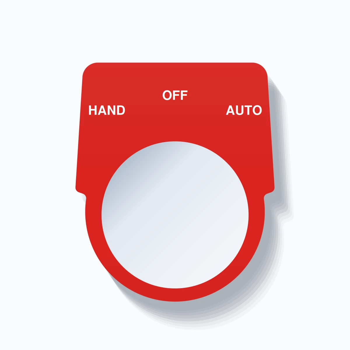 30mm Ring Tag – HAND OFF AUTO, Three-Line Harmony 9001K, White on Red