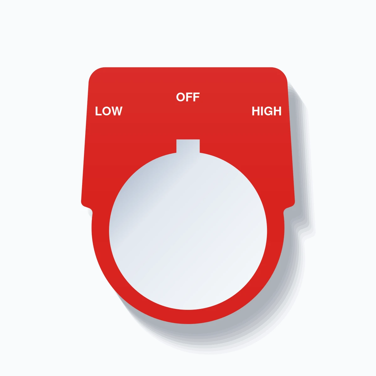 30mm Ring Tag – LOW OFF HIGH, Three-Line Harmony 9001K, Allen-Bradley Compatible, White on Red