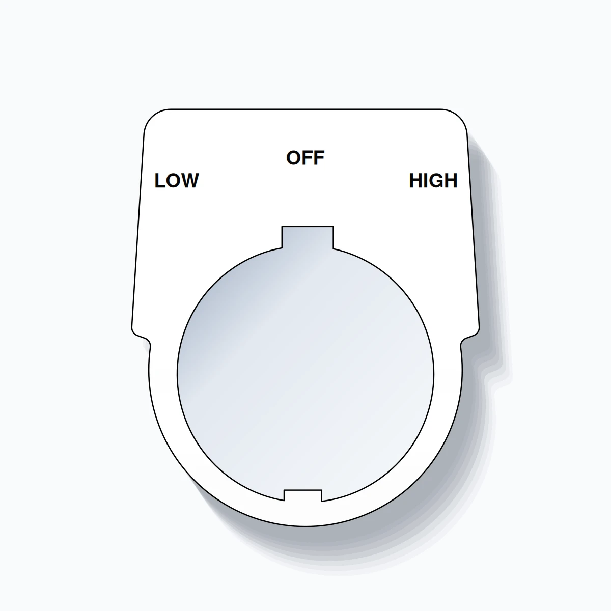 30mm Ring Tag – LOW OFF HIGH, Three-Line Harmony 9001K, Schneider Electric Compatible, Black on White