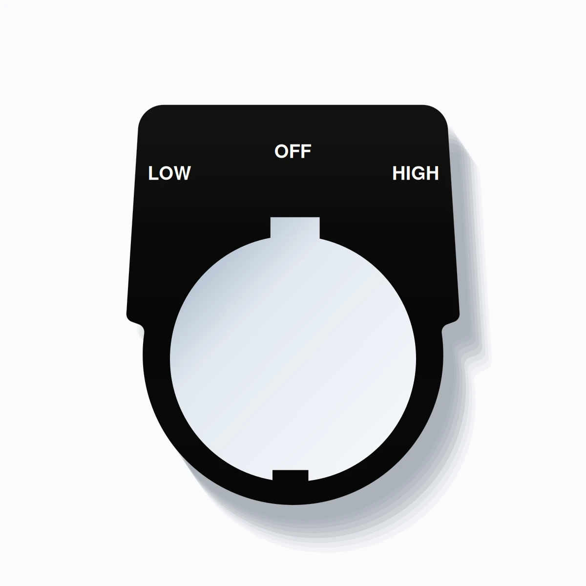 30mm Ring Tag – LOW OFF HIGH, Three-Line Harmony 9001K, Schneider Electric Compatible, White on Black