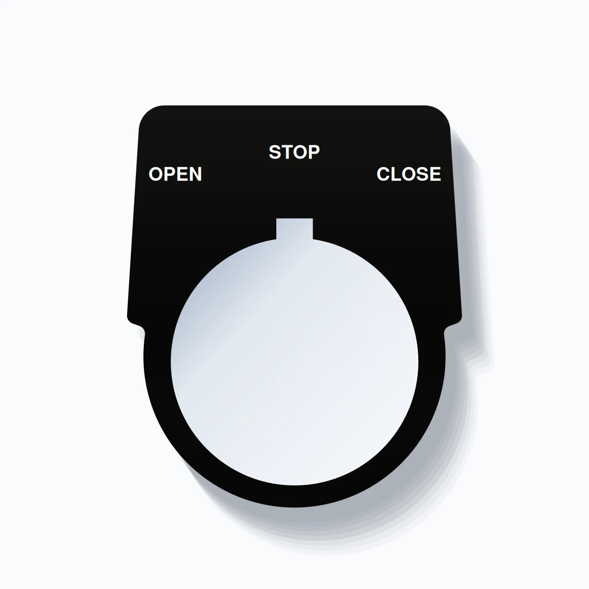 30mm Ring Tag – OPEN STOP CLOSE, Three-Line Harmony 9001K, Allen-Bradley Compatible, White on Black