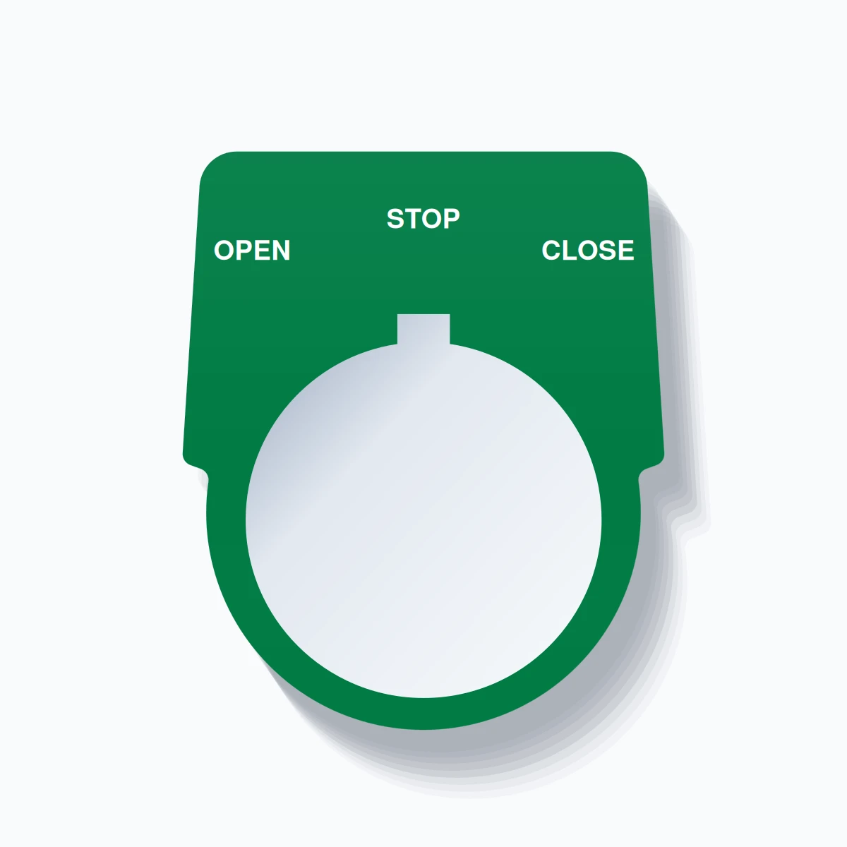 30mm Ring Tag – OPEN STOP CLOSE, Three-Line Harmony 9001K, Allen-Bradley Compatible, White on Green