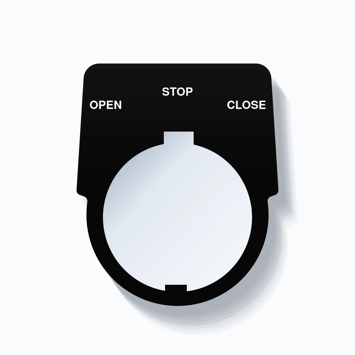 30mm Ring Tag – OPEN STOP CLOSE, Three-Line Harmony 9001K, Schneider Electric Compatible, White on Black