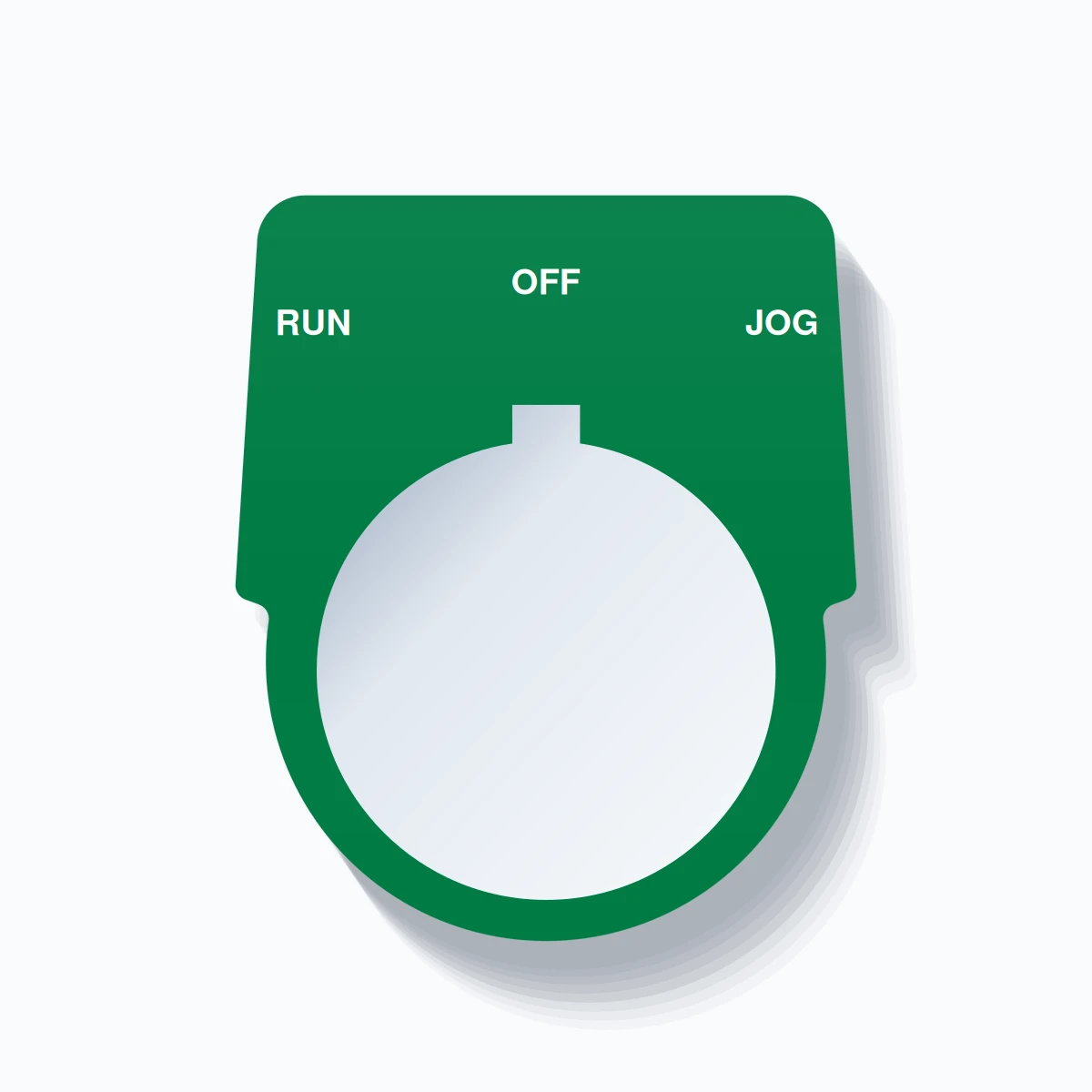 30mm Ring Tag – RUN OFF JOG, Three-Line Harmony 9001K, Allen-Bradley Compatible, White on Green