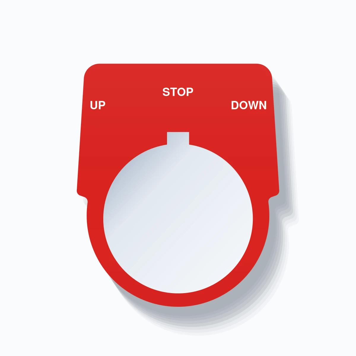 30mm Ring Tag – UP STOP DOWN, Three-Line Harmony 9001K, Allen-Bradley Compatible, White on Red