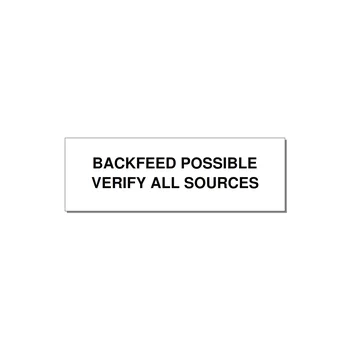 3.0x1.0" Safety Label - BACKFEED POSSIBLE VERIFY — 3x1" Black on White, Holes