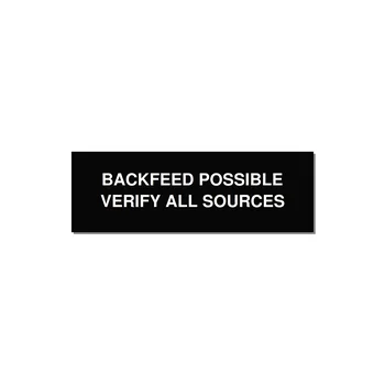 3.0x1.0" Safety Label - BACKFEED POSSIBLE VERIFY — 3x1" White on Black, Holes