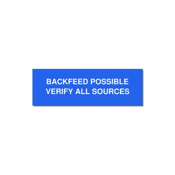 3.0x1.0" Safety Label - BACKFEED POSSIBLE VERIFY — 3x1" White on Blue, Adhesive