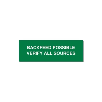 3.0x1.0" Safety Label - BACKFEED POSSIBLE VERIFY — 3x1" White on Green, Holes