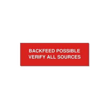 3.0x1.0" Safety Label - BACKFEED POSSIBLE VERIFY — 3x1" White on Red, Adhesive