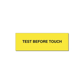 3.0x1.0" Safety Label - TEST BEFORE TOUCH — 3x1" Black on Yellow, Holes