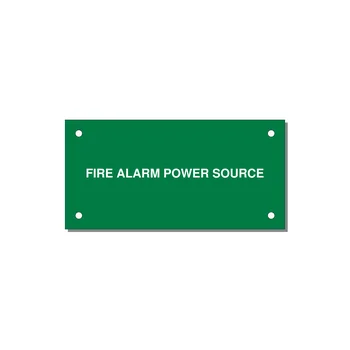 4.0x2.0" Fire Safety Label - FIRE ALARM POWER SOURCE — 4x2" White on Green, Holes