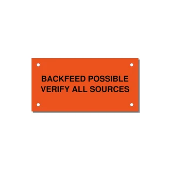 4.0x2.0" Safety Label - BACKFEED POSSIBLE VERIFY — 4x2" Black on Orange, Holes