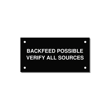 4.0x2.0" Safety Label - BACKFEED POSSIBLE VERIFY — 4x2" White on Black, Holes