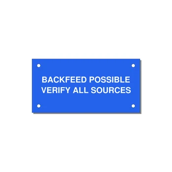 4.0x2.0" Safety Label - BACKFEED POSSIBLE VERIFY — 4x2" White on Blue, Holes