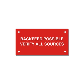 4.0x2.0" Safety Label - BACKFEED POSSIBLE VERIFY — 4x2" White on Red, Holes