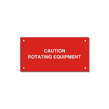 5.0x2.5" Caution Safety Label - CAUTION ROTATING EQUIPMEN — 5x2.5" White on Red, Holes