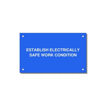 5.0x3.0" Electrical Safety Label - ESTABLISH ELECTRICALLY SA — 5x3" White on Blue, Holes