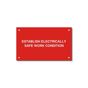 5.0x3.0" Electrical Safety Label - ESTABLISH ELECTRICALLY SA — 5x3" White on Red, Holes