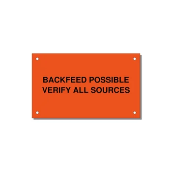 5.0x3.0" Safety Label - BACKFEED POSSIBLE VERIFY — 5x3" Black on Orange, Holes