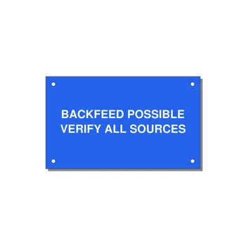 5.0x3.0" Safety Label - BACKFEED POSSIBLE VERIFY — 5x3" White on Blue, Holes