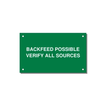 5.0x3.0" Safety Label - BACKFEED POSSIBLE VERIFY — 5x3" White on Green, Holes