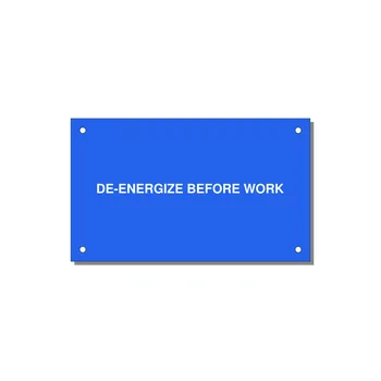 5.0x3.0" Safety Label - DE-ENERGIZE BEFORE WORK — 5x3" White on Blue, Holes