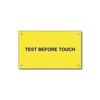 5.0x3.0" Safety Label - TEST BEFORE TOUCH — 5x3" Black on Yellow, Holes