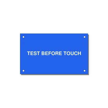 5.0x3.0" Safety Label - TEST BEFORE TOUCH — 5x3" White on Blue, Holes