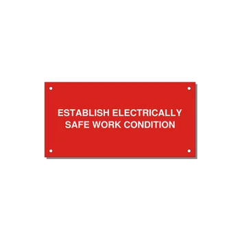 6.0x3.0" Electrical Safety Label - ESTABLISH ELECTRICALLY SA — 6x3" White on Red, Holes