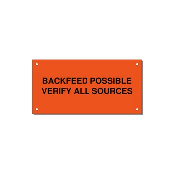 6.0x3.0" Safety Label - BACKFEED POSSIBLE VERIFY — 6x3" Black on Orange, Holes