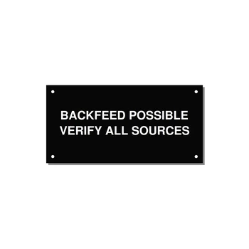 6.0x3.0" Safety Label - BACKFEED POSSIBLE VERIFY — 6x3" White on Black, Holes