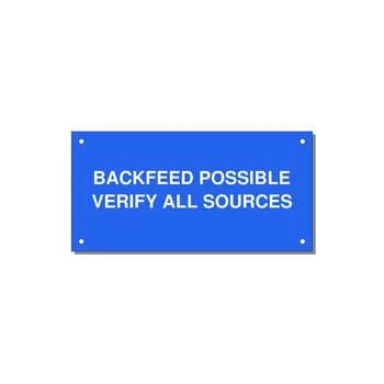 6.0x3.0" Safety Label - BACKFEED POSSIBLE VERIFY — 6x3" White on Blue, Holes
