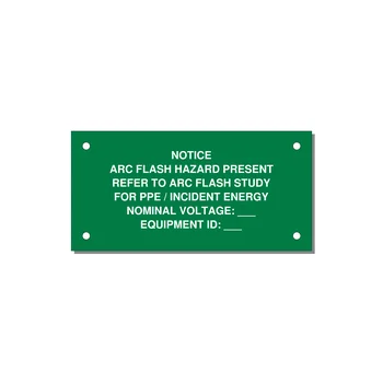 Arc Flash Hazard Label (Refer to Study) — NFPA 70E — 4x2" White on Green, Holes