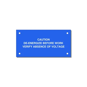 De-Energize Before Work Label — 4x2" White on Blue, Holes