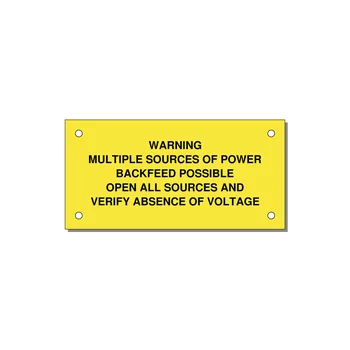 Multiple Power Sources Label (Backfeed Warning) — 4x2" Black on Yellow, Holes