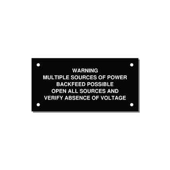 Multiple Power Sources Label (Backfeed Warning) — 4x2" White on Black, Holes