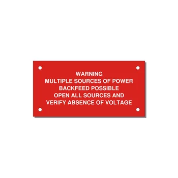 Multiple Power Sources Label (Backfeed Warning) — 4x2" White on Red, Holes