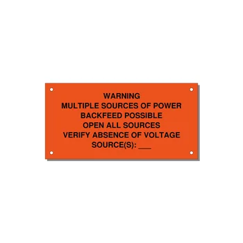 Multiple Power Sources Label (Backfeed Warning) — 6x3" Black on Orange, Holes