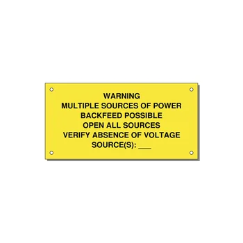 Multiple Power Sources Label (Backfeed Warning) — 6x3" Black on Yellow, Holes