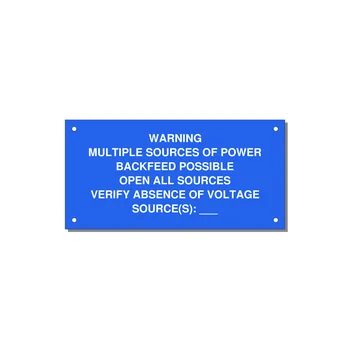 Multiple Power Sources Label (Backfeed Warning) — 6x3" White on Blue, Holes