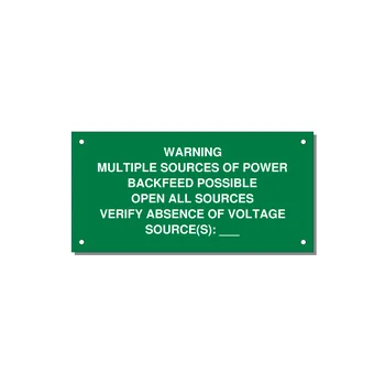 Multiple Power Sources Label (Backfeed Warning) — 6x3" White on Green, Holes