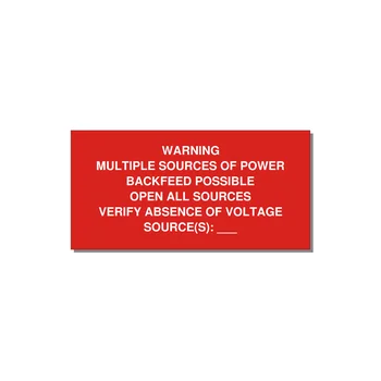 Multiple Power Sources Label (Backfeed Warning) — 6x3" White on Red, Adhesive