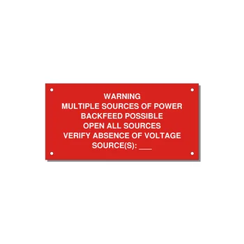 Multiple Power Sources Label (Backfeed Warning) — 6x3" White on Red, Holes