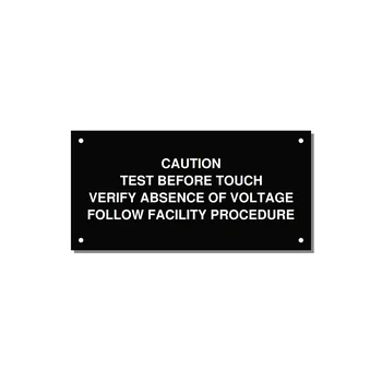 Test Before Touch Label — 6x3" White on Black, Holes