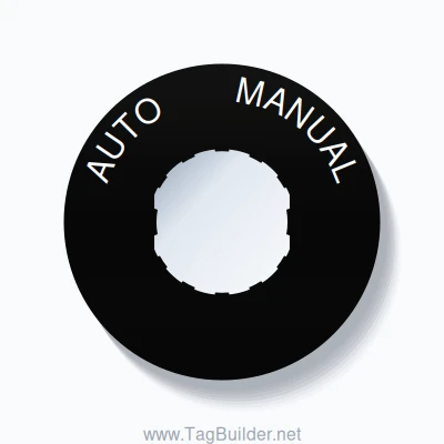 22mm Ring Tag – AUTO       MANUAL, Single-Line 60mm Round, Schneider Electric Compatible, White on Black